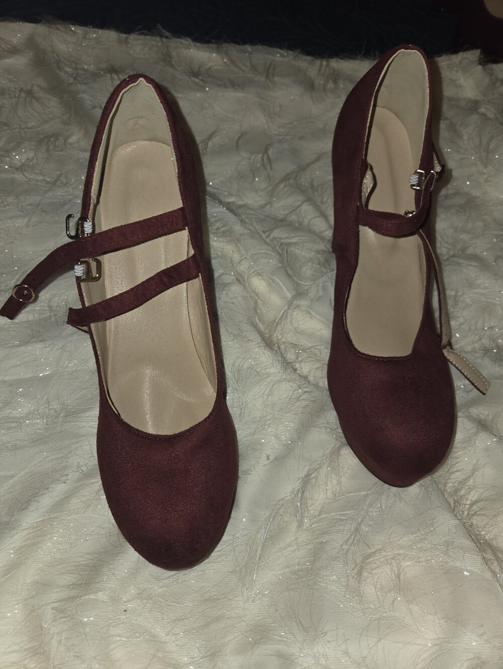 Double-Strap Mary Jane Heels in Burgundy Suede